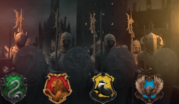 石の衛兵の盾の紋章はそれぞれホグワーツ寮のロゴ